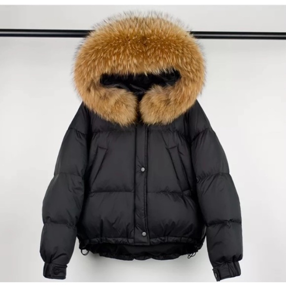 Jackets & Blazers - Women’s Puffer Jacket Duck Down Natural Fur Hooded Winter Oversized Black Size S